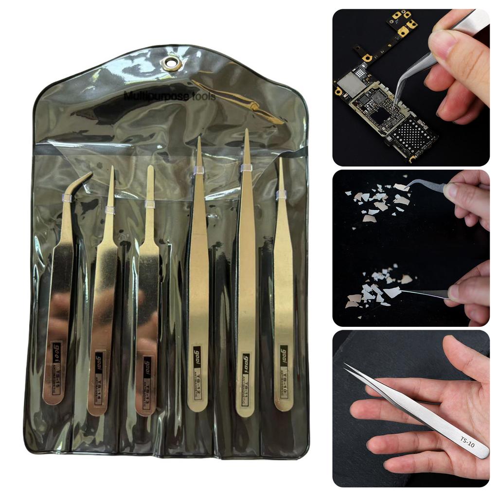 6Piece Stainless Steel Tweezers Bent Straight Tweezers For Fine Work In Crafts And Electronics
