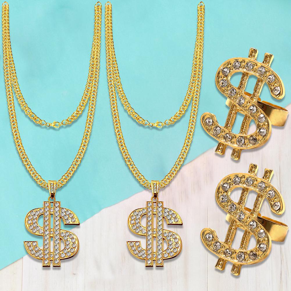 80s 90s Hip-Hop Flamboyant Punk Dollar Sign Ring 80s 90s Costume Outfit Set Hat Dollar Necklace Rock Star Glasses for Boys Girls