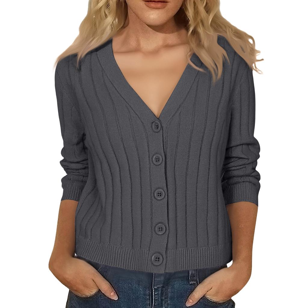 Women's Fashion Long-Sleeve V-Neck Lightweight Knit Sweater Solid Color Outerwear Top