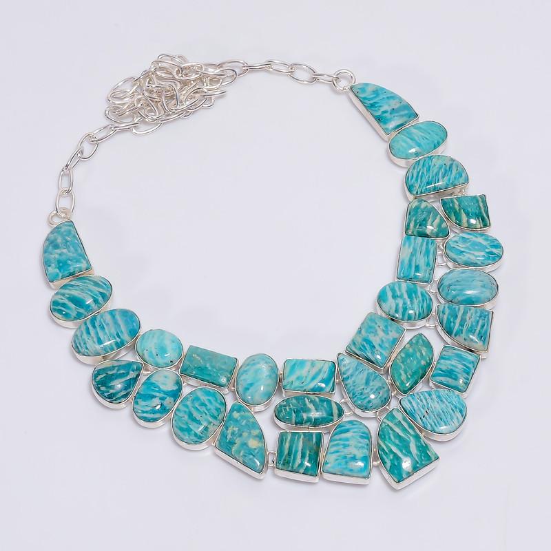 

Gorgeous Top Grade Qualite 100% Natural Amazonite Ethnic Style Handmade Jewelry 925 Steling Silver Plated Necklace 21 WSJ-4788 срібний