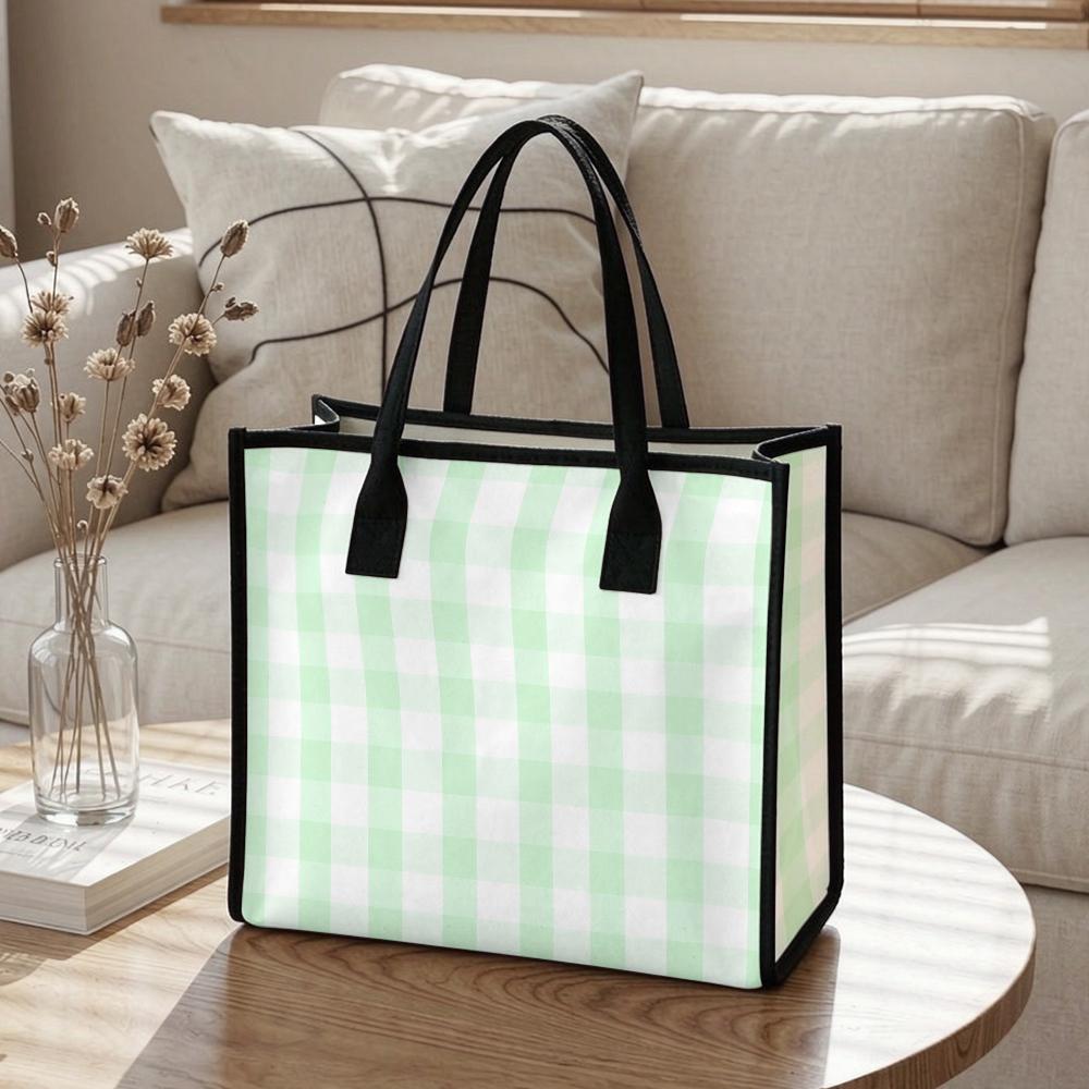 Mint Gingham Canvas Tote Bag Casual Large Capacity Daily Handbag for Shopping Outdoor Use