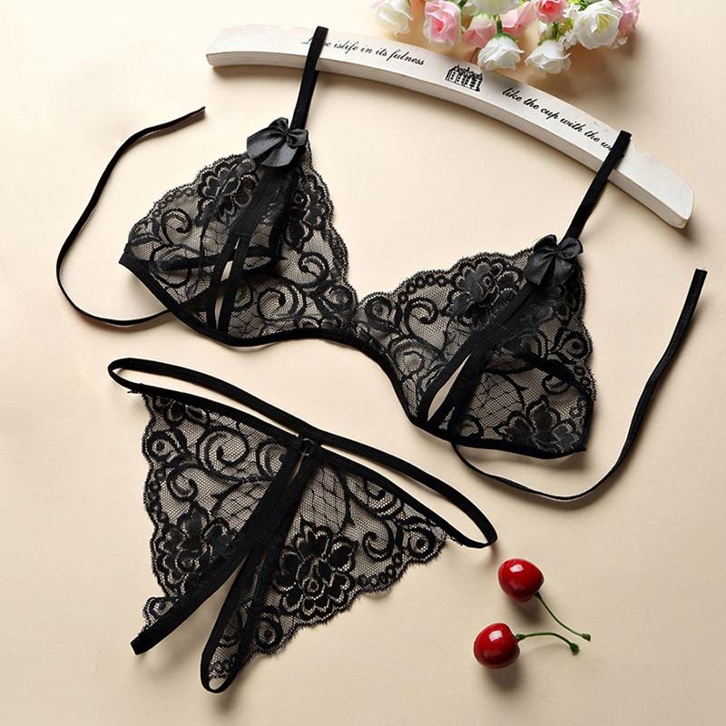 2024 Women Lace Hollow Bra Set Deep V Open Bra Underwear Sexy Backless Evening Dress Style Crotchless Lingerie Set For Romantic Nightwear Party Wear