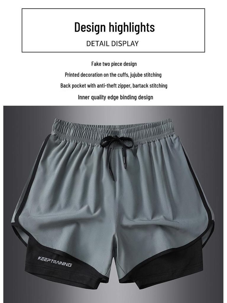 Men's Summer Sports Shorts with Back Pockets, Trendy Cross-Border Design, Fake Two-Piece Look.
