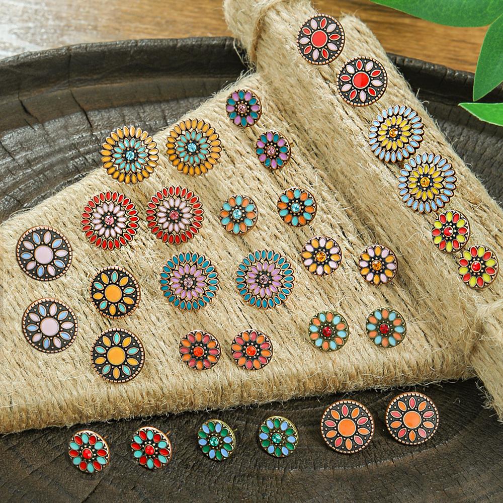 Women's Cute Oil Drop Stud Earrings Vintage Multicolor Earrings Set Geometric Roud Boho Party Decors Daily Wear Gifts Versatile