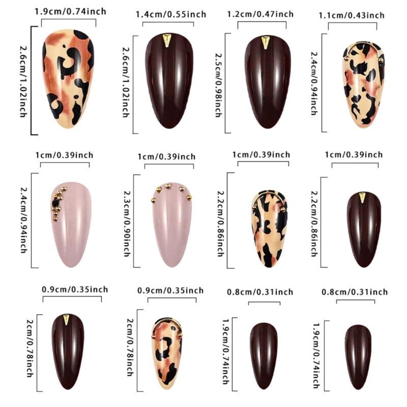 24Pcs Leopard Print Press On Nail Short Almond False Nail Glossy Artificial Nail Full Cover Stick Onsfor Women and Girls