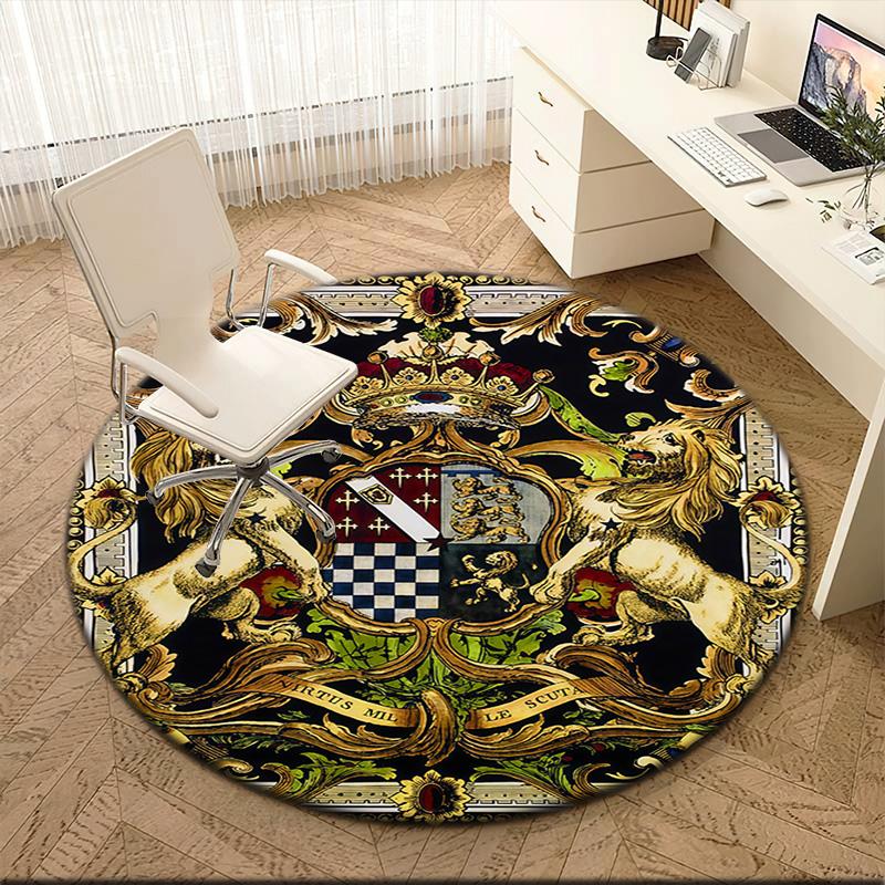 1pc Medieval royal coat of arms and iris Round carpet Painted Printed circular carpet, home door mat, outdoor travel protection carpet