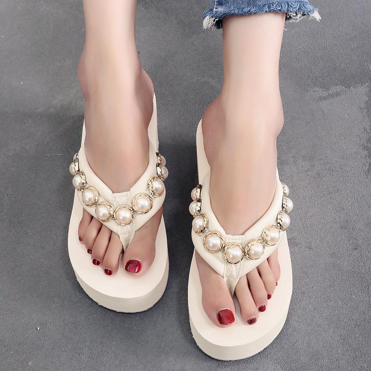 Summer Pearl Flip-flops for Women Thick Bottom Non-slip Sandals Female Clip-on Slippers Lightweight Solid Colour Beach Shoes