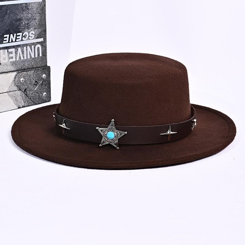 Tibetan Party Hat European and American Solid Color Woolen Jazz Hat Outdoor Western Cowboy Hat Leather Top Hat