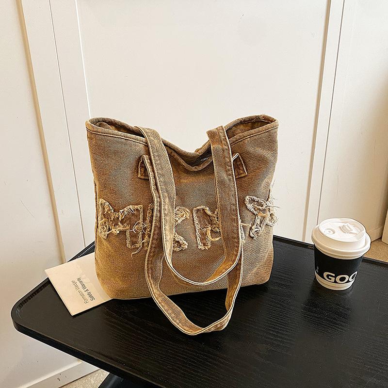 Ny jeansväska dam retro tvättad jeans bokstav casual axelremsväska mode student tygkasse axelväska