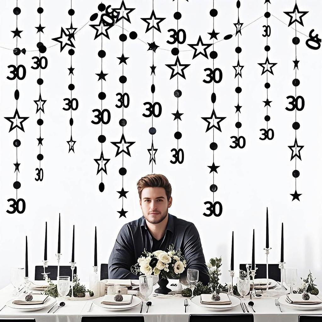 Black 30th Birthday Garland Black 30 Circle Dot Twinkle Star Streamer Hanging Bunting Banner Backdrop for Him/Her 30 Years Old Birthday Party