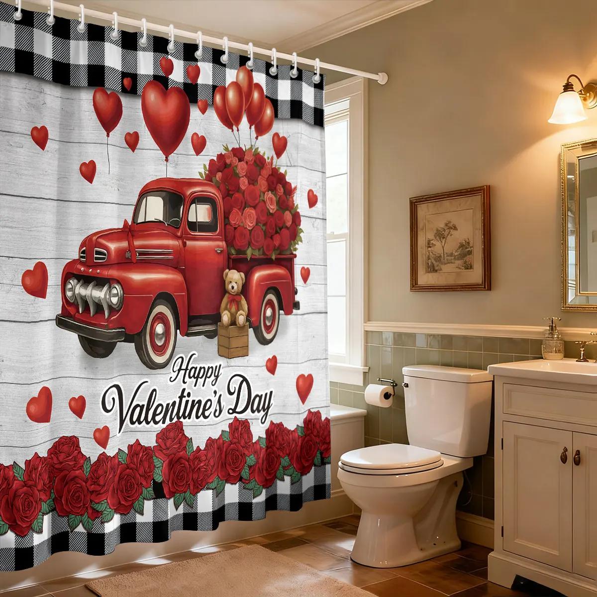 

1pc Valentine s Day Red Romantic Car Printed Waterproof Privacy Shower Curtain with 12 Hooks Multi Sizes Easy Installation 90x180cm