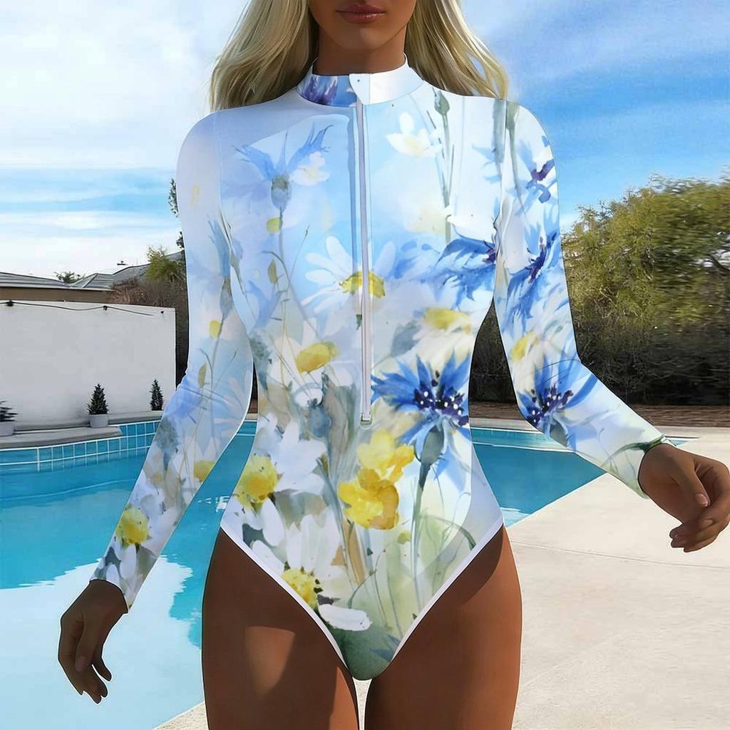 Women Long Sleeve One Piece Swimsuit Zip Front  Flower Print Rash Guard Surfing Bathing Suit