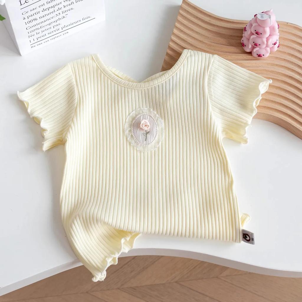 Girls Thin Short Sleeve T-shirt Summer Sweet Princess Flower Solid Color Half Sleeve