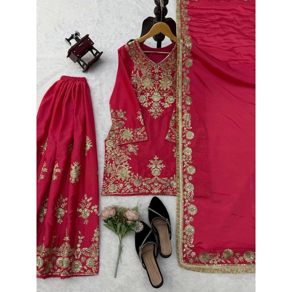 Presenting New Designer Embroidered Chinon Silk Sharara Suit With Sequence Embroidered Work