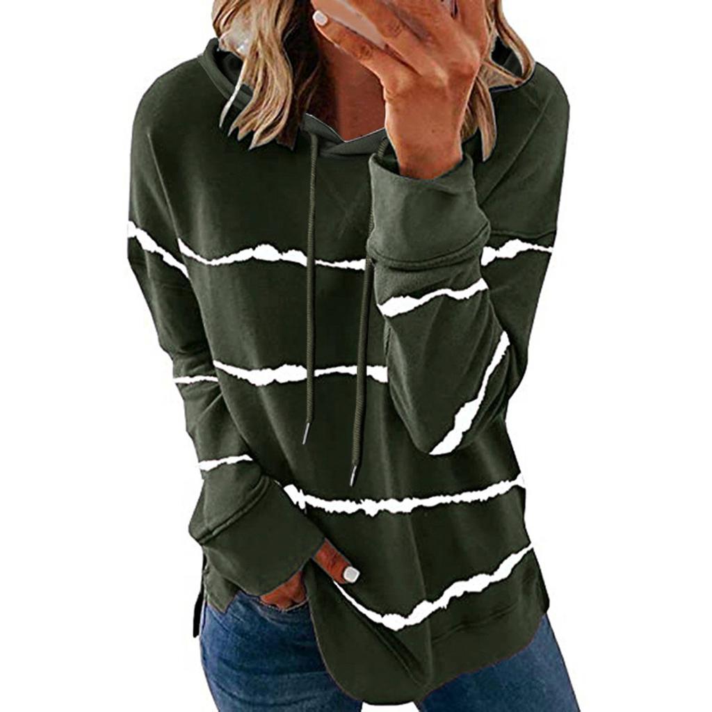 Women's Fashion Casual Stripe Print Hooded Long Sleeve Loose T Shirt Tops