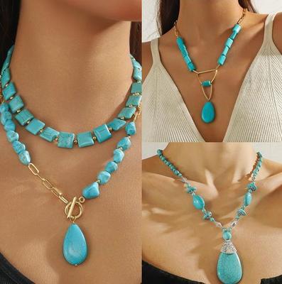 Natural Turquoise Beaded Necklace, Bohemian Style Stacked High-end Necklace