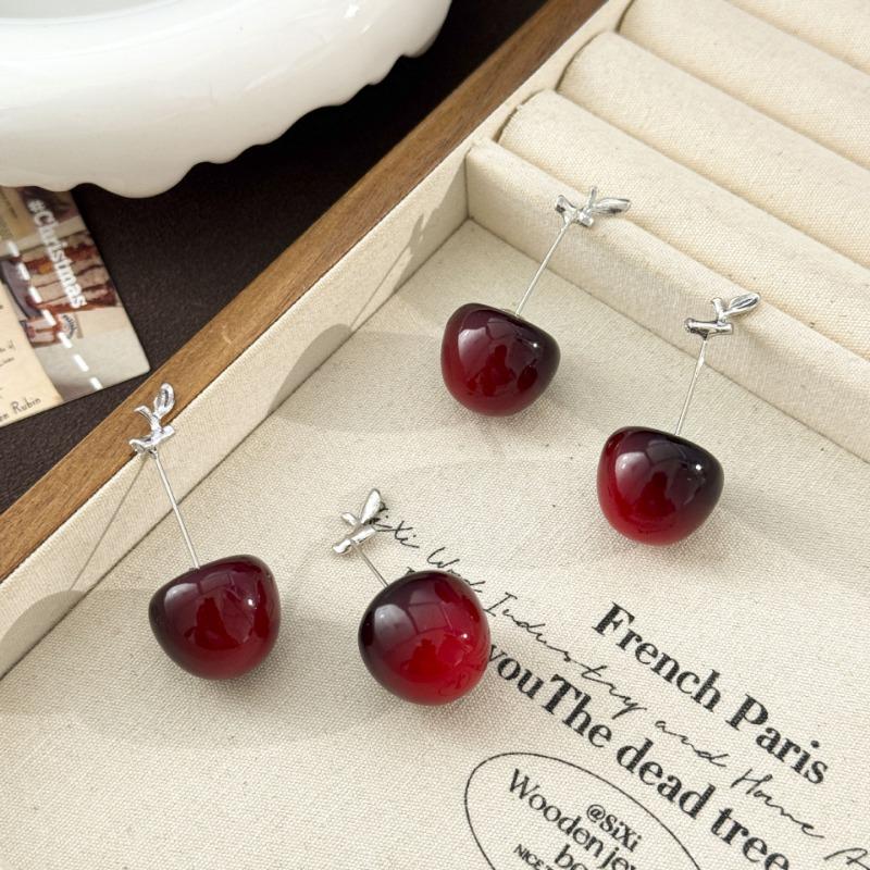 Red Cherry Pendant Stud Earrings Sweet Fashion Daily Commute Women Jewelry