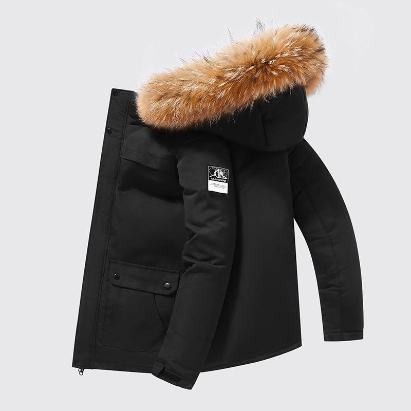 

Мужская и женская зимняя хлопковая куртка с капюшоном и меховым воротником, куртка утолщенная теплая, повседневная свободная удобная куртка на пуху белой утки M чёрный