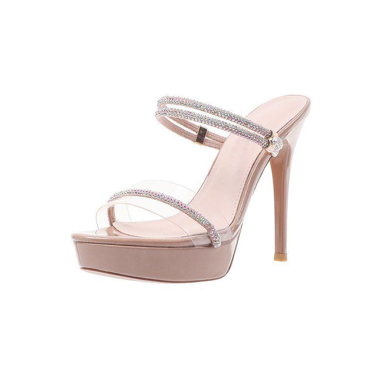 

Женские босоножки на высоком каблуке 2025 лето новые на тонком каблуке со стразами женская обувь водонепроницаемая платформа с открытым носком сказочный стиль крутые шлепанцы 39 абрикосовый