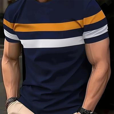 Men's Casual Striped Round Neck T-shirt Made of Polyester Fiber Fabric with 3D Digital Printing Suitable for Outdoor Summer