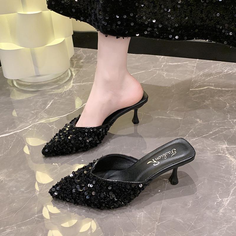 Silver bag head half slippers women's summer wear 2025 niche stiletto pointed sequined back empty high heels with skirt