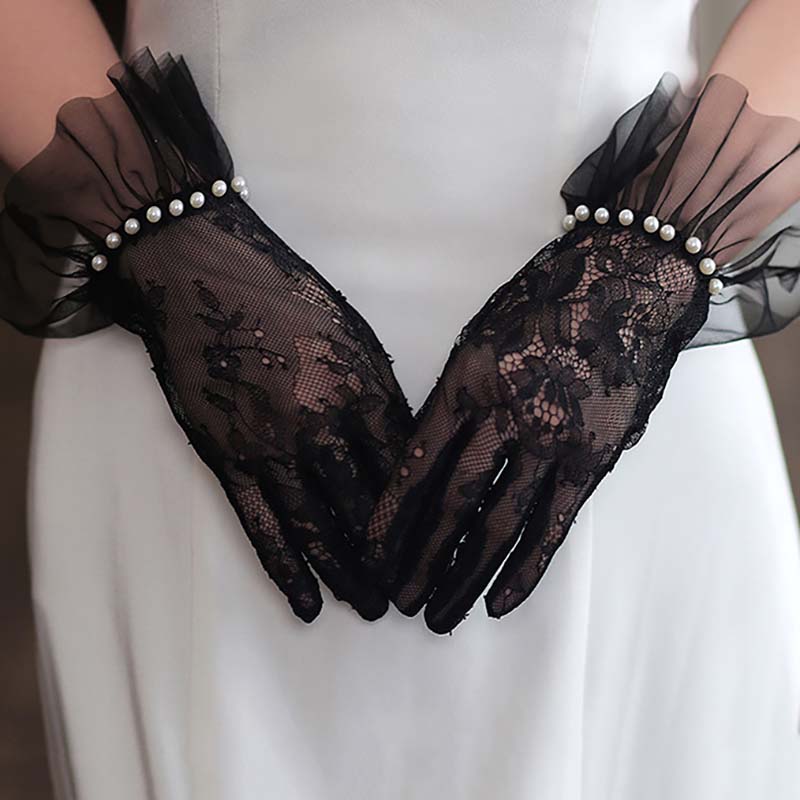 

WTEMPO 1PC Beige Black Bride s Wedding Gloves Elegant Lace Patchwork Gloves with Pearls Exquisite Breathable Mesh Gloves, Wedding Decor Accessories 1pair бежевый