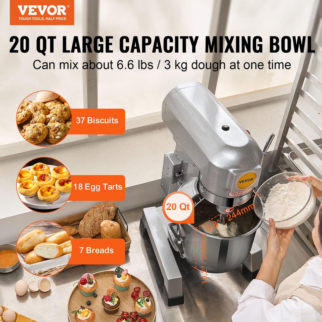 VEVOR Commercial Food Mixer, 18.7L Commercial Stand Mixer with 3 Adjustable Speeds