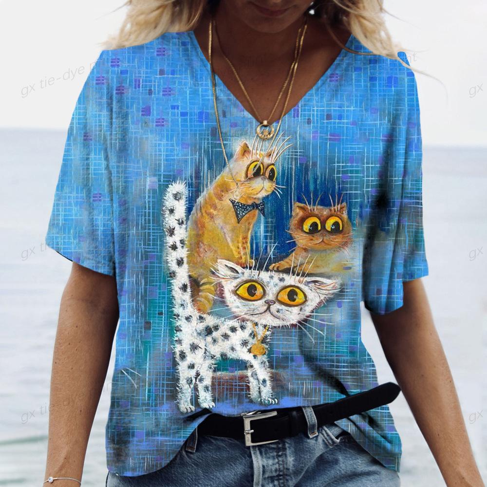 Stylish Breathable Cat Print Short-sleeved V-neck Simple Top T-Shirts Women’s