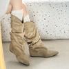 Fashion Autumn Winter Pleated Women Mid Calf Boots Fashion Slip On Internal Elevation Shoes Street Style Banquet Party Short Botas Mujer
