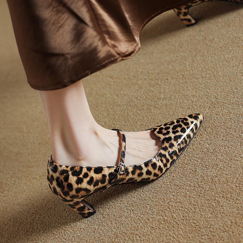 Fashion Genuine Leather Women Pumps Shallow Mary Jeans Strap Single Shoes 6cm Square High Heels Leopard Print Prom Party Sapatos Mujer