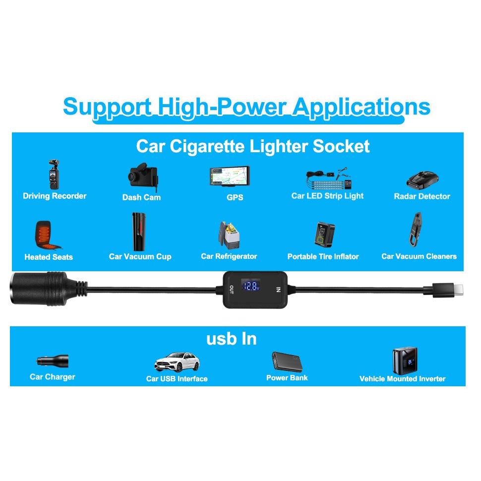 Adaptateur secteur Convertisseur de tension élévateur Type-C vers Prise femelle Allume-cigare 5V vers 12V Câble PD Câble d'extension