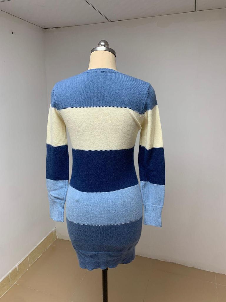 2024 Autumn/Winter Casual Patchwork Color Block Knit Sweater Dress