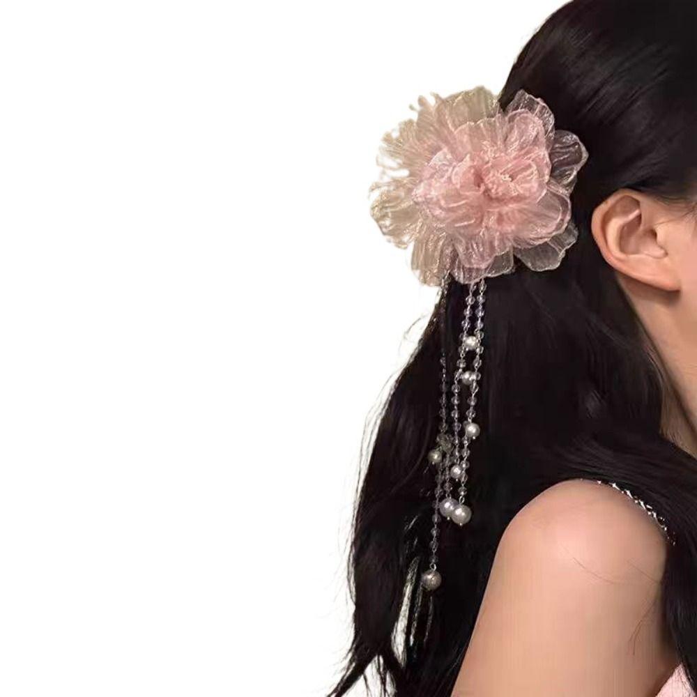 Pearls Peony Flower Hair Clip Long Tassel Headwear Elegant Barrettes  Women