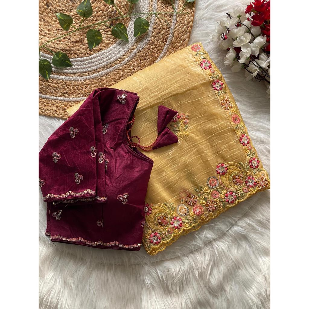 Premium Gold Crush Fabric with Multi Thread Sequins C Pallu Work with Arco Cut Border Saree