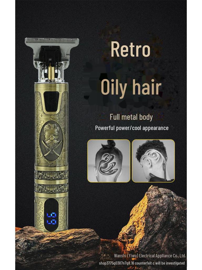 Retro T9 Electric Hair Clipper with LCD Display, USB Charging, Buddha Head Design, Oil Head Styling, and Power Push Technology.