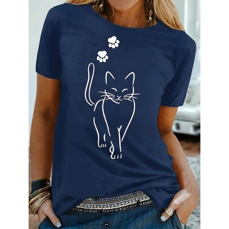 

Футболка большого размера для женщин с милым принтом кошачьей лапки, коротким рукавом и круглым вырезом, средней эластичности XXXL темно-синий