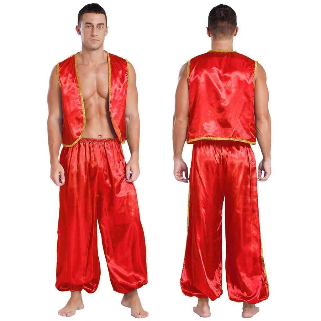 Herren Arabischer Prinz Kostüm Goldene Borte Satinweste und Hose mit Gummizug Märchen Cosplay Set