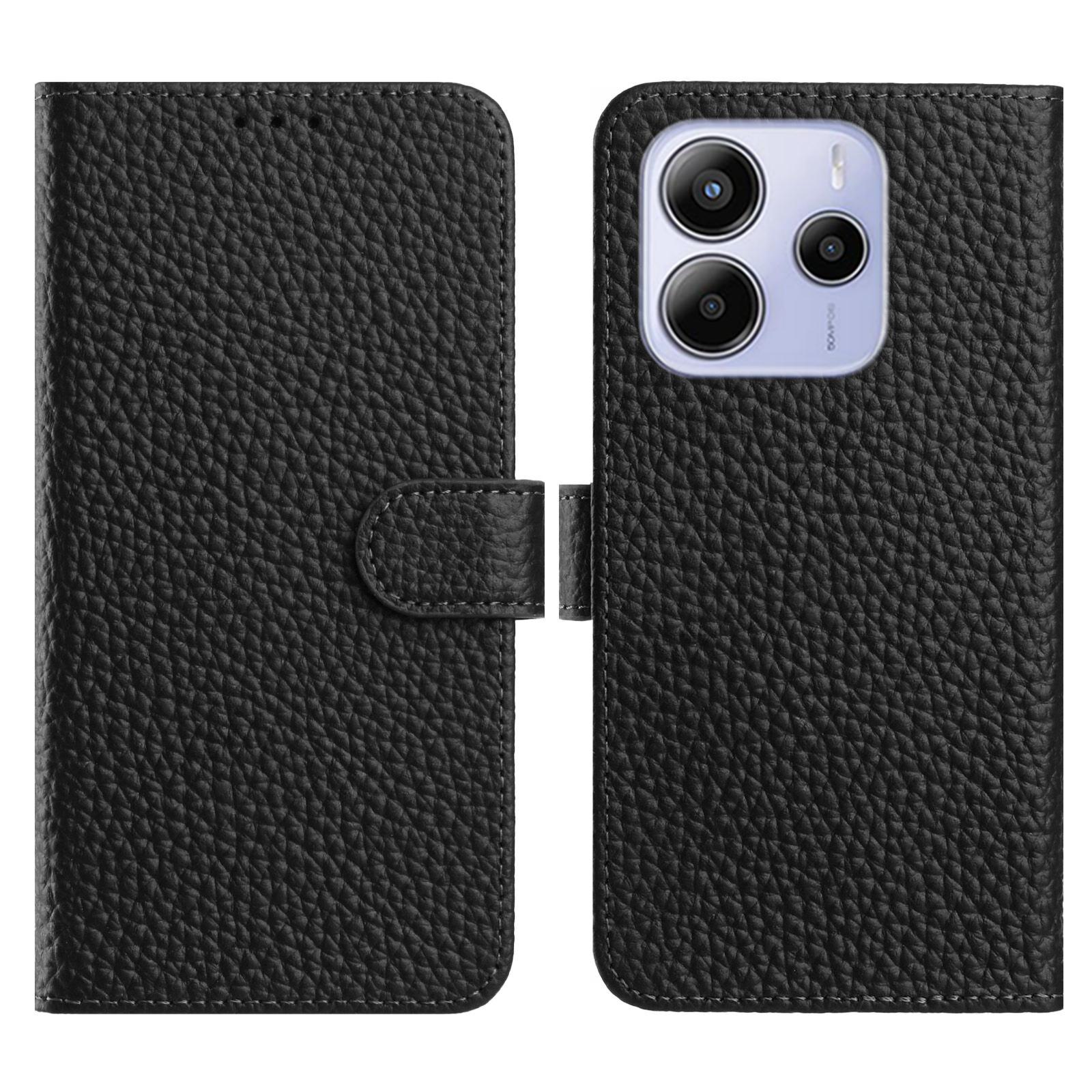 

For Xiaomi Redmi Note 14 4G (163.25mm) Case Wallet Stand Litchi Texture Genuine Cow Leather Flip Phone Cover Black