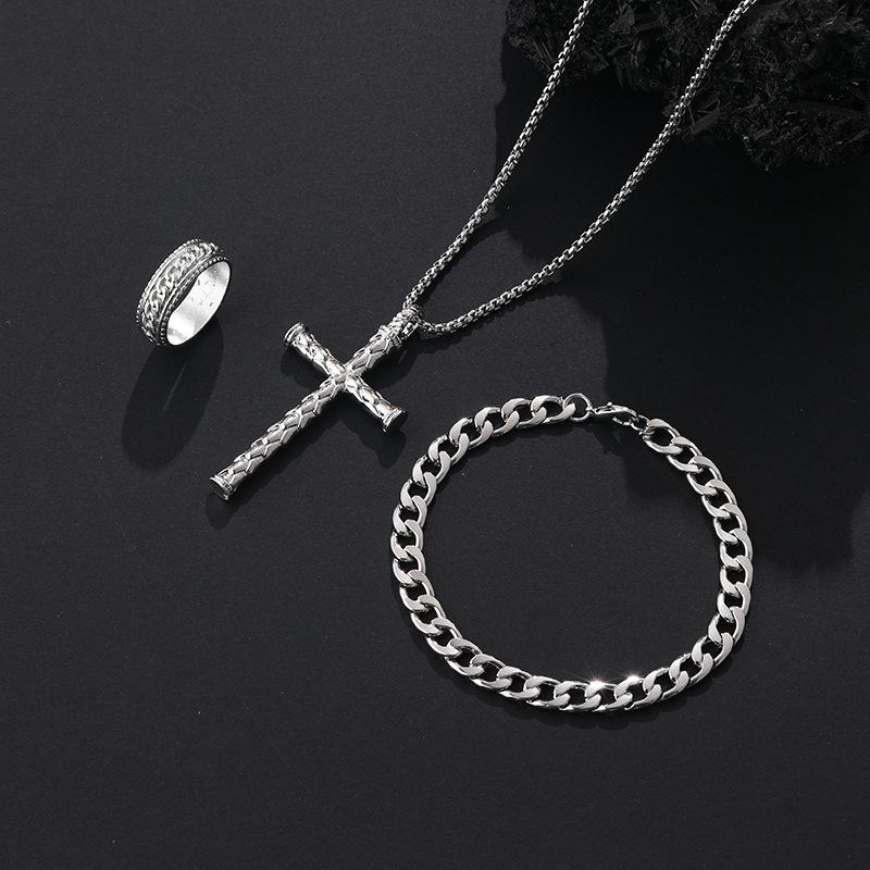 3Pcs Set Men'S Stainless Steel Metal Cross Pendant Chain Necklace Bracelet Ring Jewelry Set Male Hip Hop Daily Wear Accessories