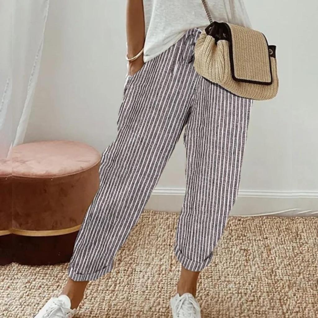 Ladies' Drawstring Striped Elastic Waistband Tied Casual Pants With Pockets