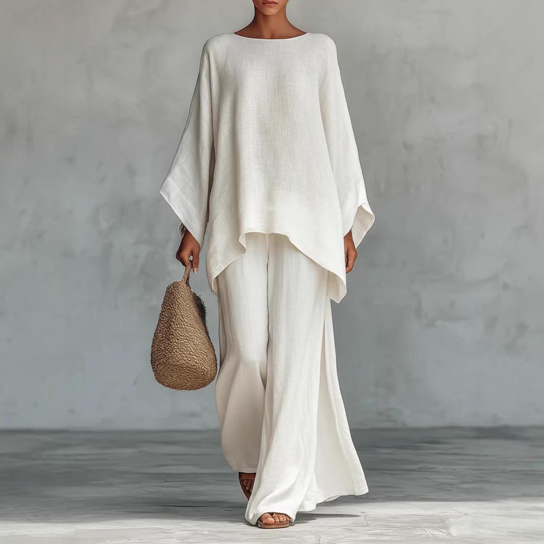 

Новый осенний хлопково-льняной женский однотонный свободный повседневный брючный костюм из двух предметов XXXL