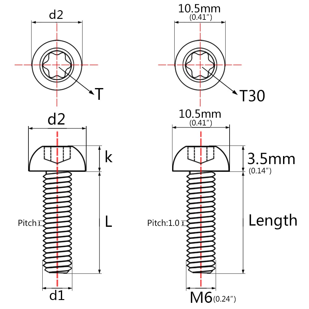 Ruifu Titanium Bolts M6x10 15 20 25 30 35mm T30