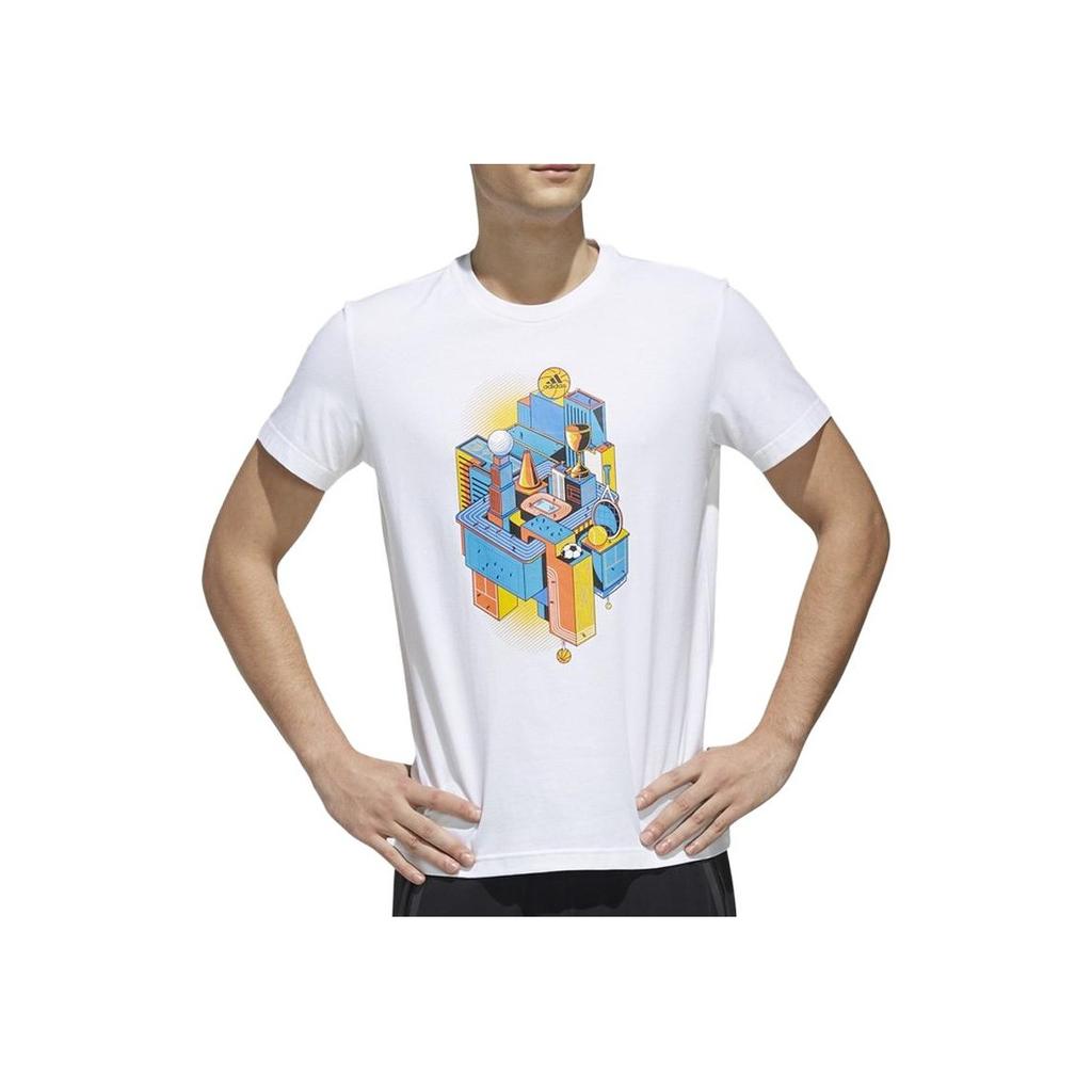 Adidas Tricou cu gât rotund cu imprimeu grafic, respirabil, pentru bărbați, topuri, alb DY8714