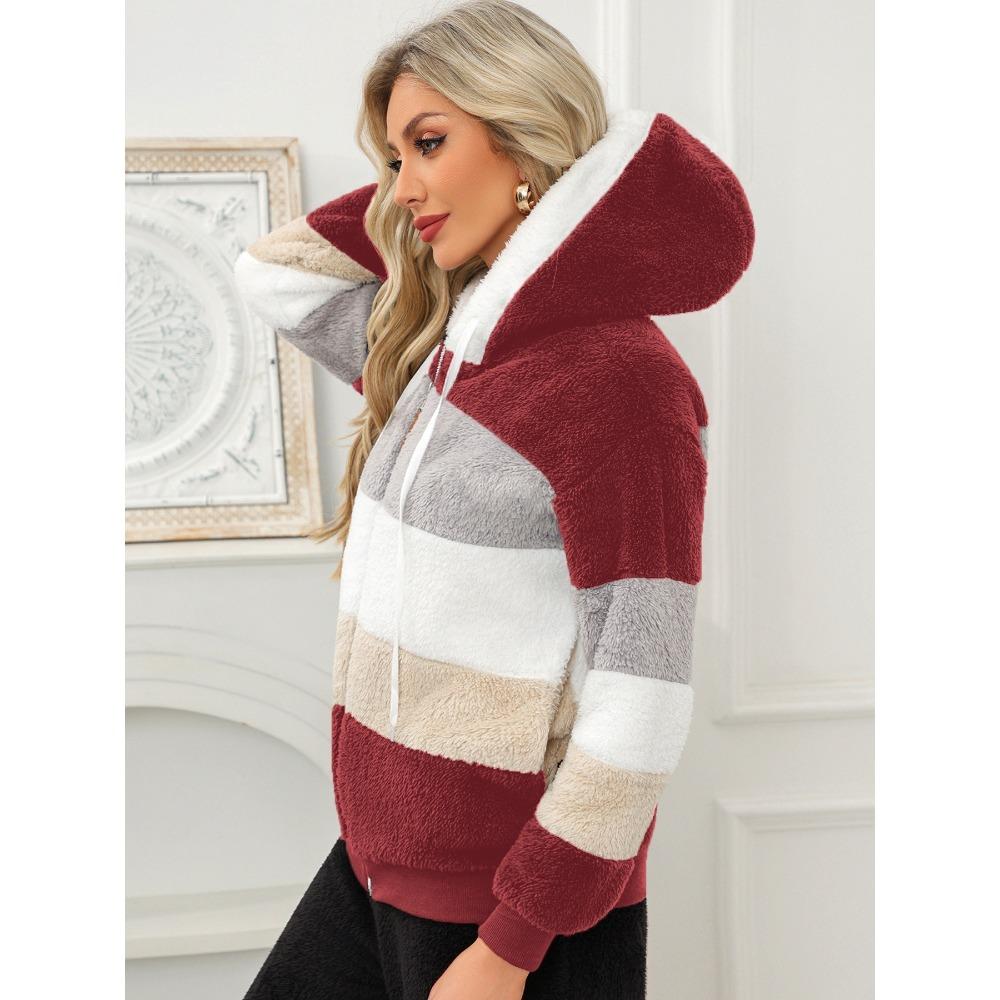 Damen Mehrfarbiger Flauschiger Kapuzenmantel, Lockere Warme Plüschjacke für Herbst Winter
