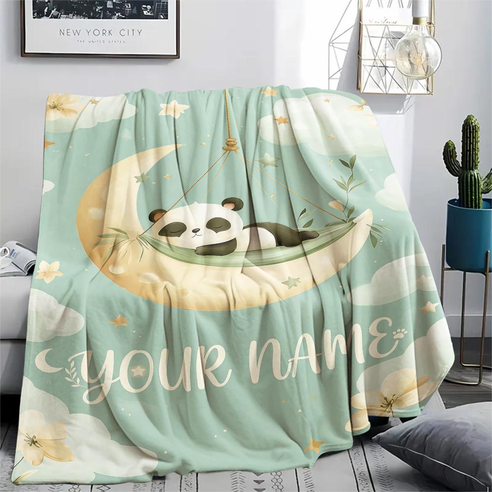 1PC Custom Name Panda Love Heart Theme Patterned Flannel Blanket Suitable For All Seasons for Home Decor Warmth and Comfort Gifts Holiday Present_lx