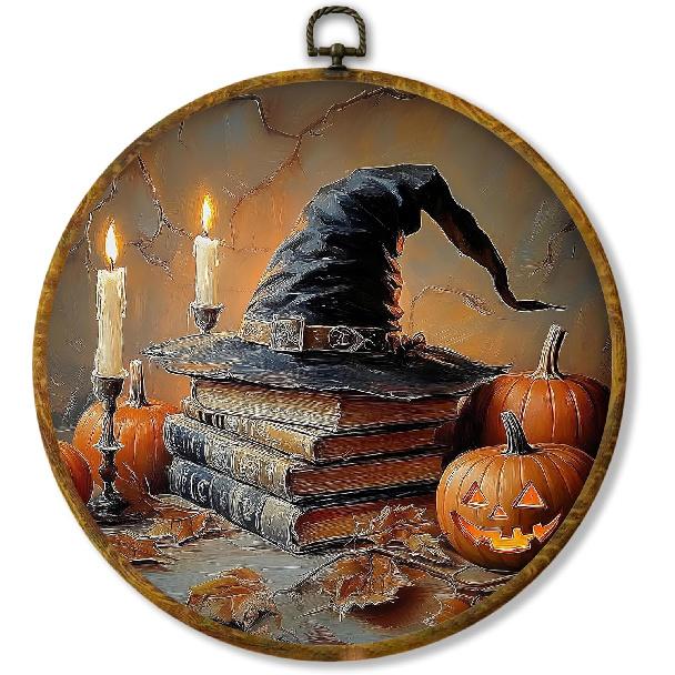 shiviody Fall Halloween Pumpkin Canvas Wall Art Decor, Autumn Halloween Hat Wall Art, Dark Moody Thanksgiving Round Hanging Frame Prints Decorations