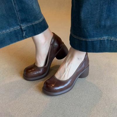 Sheepskin Version~ Retro Shallow Leather Single Shoes Women's Round Head Thick Heel One Pedal Mary Jane Shoes Small Leather Shoes
