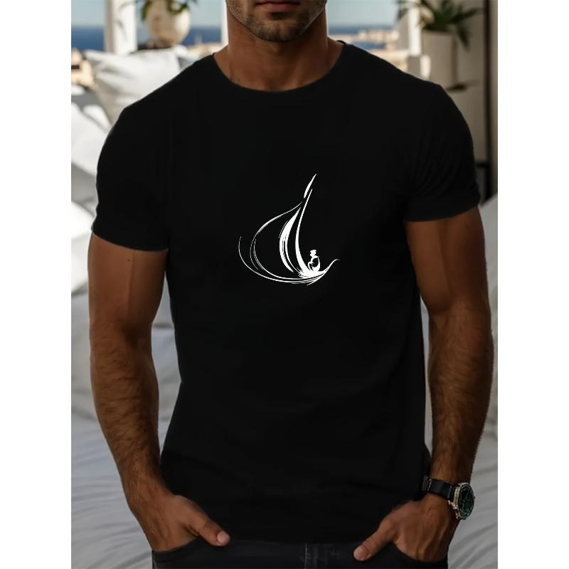 

Мужская летняя повседневная футболка с круглым вырезом и рисунком парусника, прохладная и модная, с коротким рукавом S чёрный