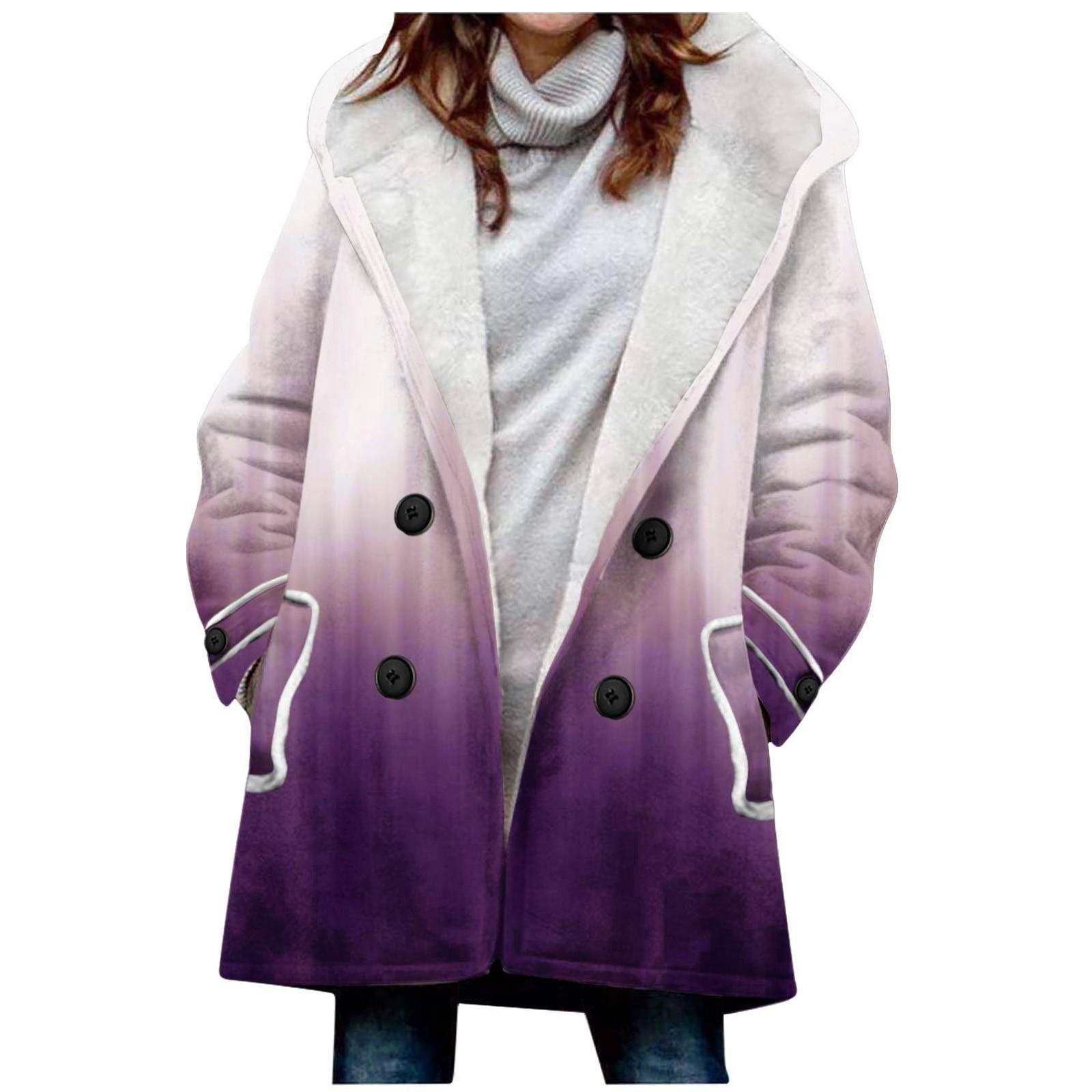 

Женская большая куртка с теплой и плюшевой курткой на пуговицах с капюшоном с градиентным принтом и карманами XL фиолетовый