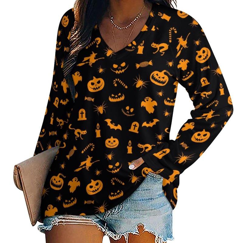 Halloween Pumpkin Ghost Print 3D Graphic Long Sleeve T-Shirt Casual V-Neck Top Polyester Breathable Women's Fashion Apparel